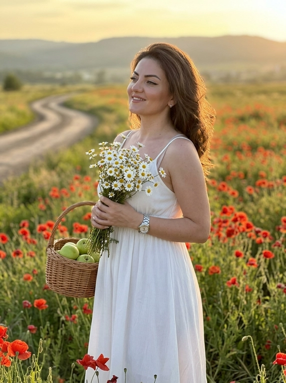 Ультрареалистичное лайфстайл-фото, снятое как на iPhone 17 Pro, загородная дорога уходящая в перспективу среди цветущих маковых полей на закате, тёплый золотой свет, мягкий контровый свет по контуру тела, естественное боке на заднем плане, лёгкая дымка в воздухе, женщина в кадре по бёдра, полуоборот 3/4 влево, корпус прямой, плечи расслаблены и опущены, правое бедро слегка отведено назад создавая естественную линию тела, подбородок немного приподнят, взгляд направлен в сторону солнца, спокойное мечтательное выражение, у груди большой живой букет ромашек, правая рука мягко обнимает букет, левая держит стебли снизу, в другой руке плетёная корзинка с зелёными яблоками, лёгкое короткое платье на тонких бретелях с воздушной юбкой слегка движущейся от ветра, натуральный макияж с мягкими бежевыми тенями, тонкой чёрной стрелкой, длинными густыми ресницами и винным тинтом на губах, живая текстура кожи, естественный закатный свет с тёплыми бликами и мягкими тенями без жёстких провалов, натуральные цвета с лёгкой тёплой тональностью, минимальная обработка без ретуши кожи, максимальный реализм, лёгкая глубина резкости, фокус на лице и букете, фон мягко размывается


Цвет платья: Длинное белое платье
