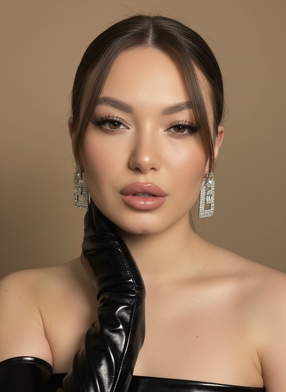 Не меняя внешности женщины с фото, камера фиксирует её крупным планом, подчёркивая выразительность взгляда, создавая интригующую атмосферу. Лицо повернуто анфас. Один глаз кокетливо прищурен. Лицо освещено мягким рассеянным светом, подчёркивающим структуру кожи, скулы и тональную основу. Волосы убраны назад, одна прядь падает на лоб, добавляя динамичности и легкой игривости. Взгляд с чёткой рельефной стрелкой и длинными густыми ресницами, создающими глубину и мистику. Губы с блеском слегка приоткрыты. Рука лежит на шее, как будто поглаживает себя с длинной обьемной лаковой  перчаткой черного цвета , контрастирующей с матовой кожей. Большие квадратные серебристые с камнями бриллиантов  серьги отражают мягкий свет, акцентируя шею и плечи, частично скрытые светотенью. Немного загорелая кожа. Фон тёплого нейтрального оттенка дополняет гармонию, усиливая роскошь и театральность сцены. Образ загадочный, притягательный, с максимальной естественностью и реалистичностью. Фотореалистичное изображение, высокая детализация, качество 8K.