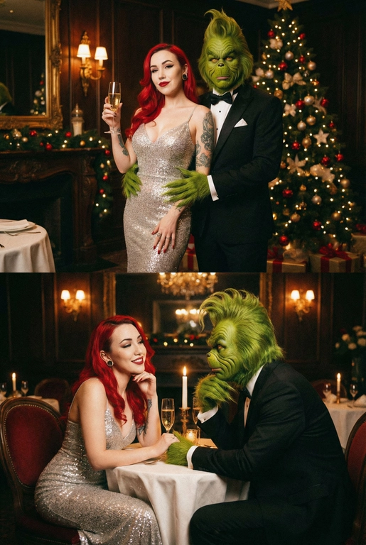Создай 2 фото, одно под другим. У всех фото фон - темный, дорогой ресторан, видна рождественская елка. Снято на пленочный фотоаппарат, зернистость. Атмосфера ретро, 90-е годы. Верхнее фото: Женщина изящно позирует в серебристом блестящем вечернем платье с бокалом в руке, рядом со ней стоит Гринч в смокинге и приобнимает ее за талию. Нижнее фото: ракурс боковой, женщина и Гринч сидят друг на против друга за столиком в ресторане, женщина в серебристом блестящем вечернем платье, Гринч в смокинге. Живое фото, женщина томно улыбается, он смотрят друг другу в глаза. Не меняй внешность человека, не добавляй никаких рамок и расстояний между фото.