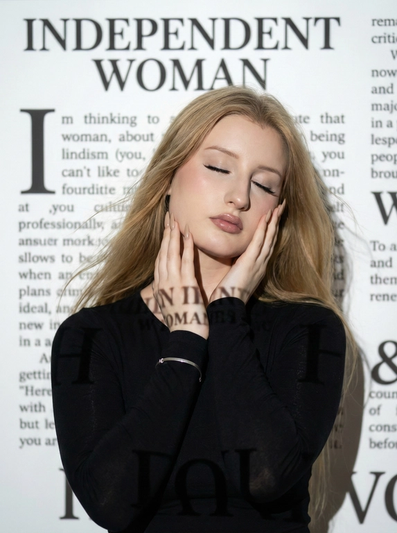     Использовать лицо с загруженной фотографии, максимально сохраняя её внешность без изменений. В кадре — женщина по пояс, съёмка с уровня глаз. Голова слегка и элегантно наклонена, глаза спокойно закрыты. Её прямые волосы слегка колышутся от лёгкого ветра, мягко развеваясь вокруг плеч.

Поза выверена: правая рука касается правой щеки, левая рука расположена ниже — у основания шеи, пальцы мягко касаются линии челюсти. На ней минималистичный облегающий чёрный лонгслив с длинными рукавами и тонкий серебряный браслет на левом запястье. Длинные заострённые ногти покрыты аккуратным нейтральным бежевым маникюром.

Всё пространство сцены оформлено с помощью контрастной проекции: проектор отбрасывает смелую чёрную типографику, включая заголовок «INDEPENDENT WOMAN» и колонки текста, на белый фон и на кожу женщины. Вся задняя часть фона заполнена этой проекцией. Это создаёт сложное наложение теней и чётких букв.

Атмосфера тихая, редакционная, с акцентом на гиперреалистичную текстуру кожи и микродетали без изменения оттенка кожи. Сцена снята на камеру Sony, с использованием 35mm и 85mm для создания профессиональной портретной глубины.