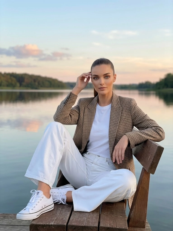 Портретная фотография на природе во время заката. Женщина сидит на деревянной скамейке со спинкой у берега спокойного водоема или реки. На заднем плане виден лесистый берег, а небо с облаками отражается в воде. Атмосфера кадра тихая, спокойная и умиротворенная. Цветовая гамма теплая и мягкая, с сочетанием голубых, розовых и оранжевых оттенков закатного неба.
На женщине белая футболка, голубые широкие оверсайз джинсы и бордовые кеды  Converse Chuck Taylor All Star OX с белыми шнурками. Поверх футболки накинут пиджак в клетку коричнево-бежевых тонов. Образ выглядит повседневно, естественно и расслабленно.
Поза непринужденная: женщина сидит на скамейке полулежа, слегка облокотившись на спинку. Одна рука поднята к голове, будто она поправляет волосы или просто касается виска в естественном жесте. Взгляд направлен прямо в камеру. Кадр передает ощущение уюта, тишины и вечернего покоя. Реалистичная фотография, мягкий естественный свет, живая атмосфера, натуральные цвета, спокойное lifestyle-настроение.

Доп. характеристики: Белые кроссовки , коричневый пиджак и белые джинсы.
Волосы собраны в ровный высокий хвост
Ровные брови 
Красивые уши 
Не яркий макияж 
Размыт задний фон