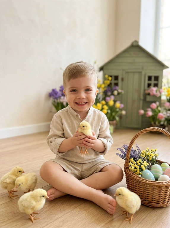 Ребёнок с лицом и улыбкой точь-в-точь как на фото. Ребёнок сидит на фоне светлой стены, сзади — размытый деревянный зелёный домик и цветы вокруг, сидит на полу с плетёной корзиночкой. В корзине — жёлтые цветы, лаванда и разноцветные пасхальные яйца. Вокруг ребёнка — маленькие жёлтые живые цыплята, одного держит в руках. Ребенок улыбается, как на фото, не менять лицо. 

Выбрать пол ребенка: Мальчик в светлой льняной рубашке и бежевых шортах.
