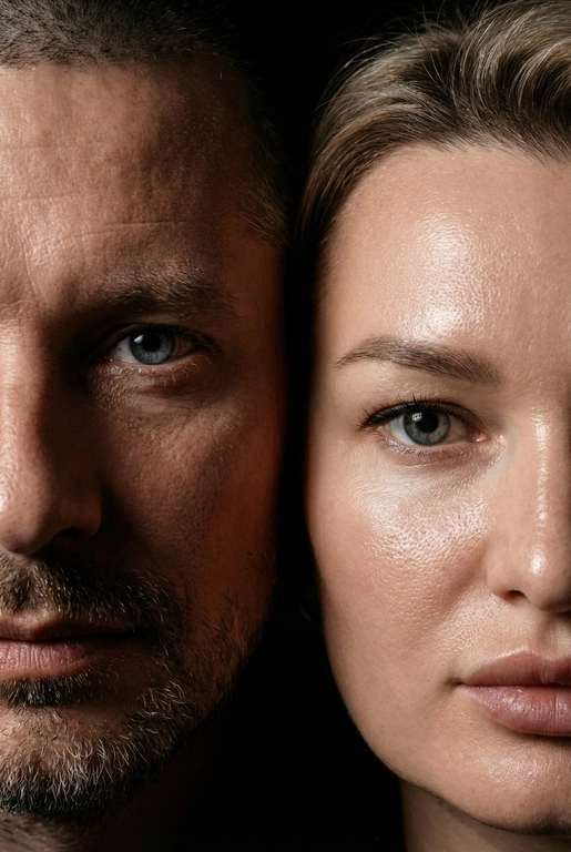   создай портрет, не меняя черты лица. Крупный план (extreme close-up) двух лиц людей, их лица прижатых друг к другу. Видны только половины каждого лица.
Драматичное освещение в стиле чиароскуро, глубокие тени.
Невероятная детализация кожи: видны поры, текстура, естественный блеск у женщины.
Выразительный взгляд прямо в камеру. Высокое разрешение, макросъемка, профессиональное студийное фото, 8K.