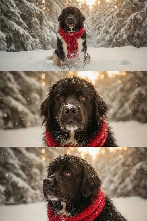     Коллаж из 3-Х фото моего питомца на зимнем фоне в снегу. Питомец в вязаном шарфе, вокруг падает снег, на заднем плане заснеженный лес.

Первый кадр — питомец в полный рост. Он играется со снегом 

Второй кадр — крупный план, увеличенный кадр мордочки питомца с одной снежинкой на носике. Мордочка питомца занимает весь кадр, взгляд прямо в камеру 
 
Третий кадр - портрет питомца, он смотрит в левую сторону. На фото виден шарф, на шарфу есть снежинки 

Три кадра объединены в вертикальный коллаж в едином тоне и свете. Атмосфера — реалистичная, теплая и немного кинематографичная.
Свет мягкий, утренний.  Цвет шарфа - красный 