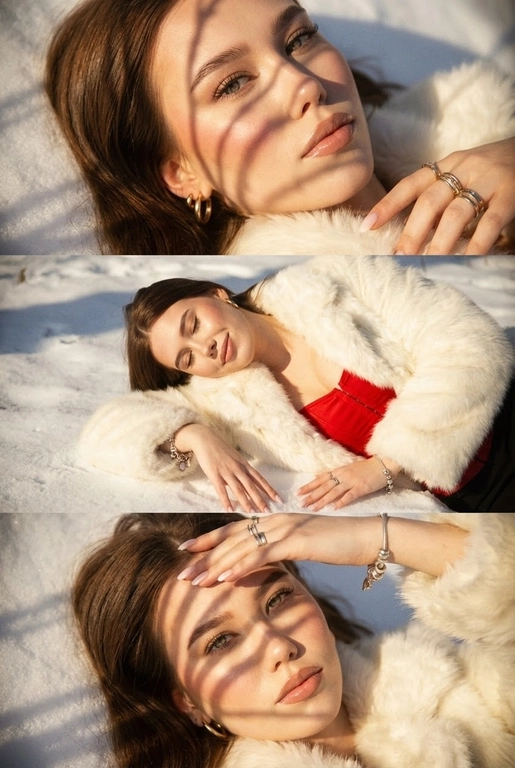 Создай не меняя черты лица.Макияж: яркий в стиле Y2K - длинные натуральные ресницы,приподнятые брови,  контур и румяна, свечение хайлайтера, глянцевые нюдовые губы. Ногти: средней длинны в стиле baby boomer.
﻿﻿Ювелирные изделия: подходящие серьги + несколько колец + браслет с подвесками. Композиция в три части в стиле Y2K: Верхний кадр:
﻿﻿крупный план её глаз и верхней части лица, она лежит на снегу,солнечный свет создаёт резкие тени от деревьев/ ветвей. Средний кадр - она лежит на снегу, в шубе, под ней корсет, глаза закрыты, лёгкая улыбка. Нижний кадр - крупный план, она смотрит прямо в камеру, одна рука закрывает солнце, тени полосами на её лице. Она лежит на снегу.Общая эстетика Y2K: тёплые тона, золотистый оттенок, мягкая зернистость, повышенный контраст, лёгкий виньетирование, ностальгическое, мечтательное настроение. Цвет шубы - белый , цвет корсета - красный.волосы и лицо не изменять. Сохранить все черты лица.