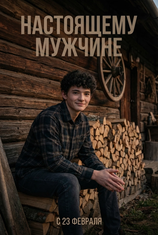 Создай открытку, не меняя внешности персонажа. Не меняй возраст, черты лица и пол человека. Кинематографичный фронтальный портрет человека на улице, в мягком сумеречном свете, создающем тёплую, слегка мрачную атмосферу. На заднем плане — бревенчатая стена старого дома, большая аккуратная поленница и подвешенное деревянное колесо от телеги.

Человек сидит на дровах, слегка наклонившись вперёд. На нём тёмная клетчатая фланелевая рубашка с длинными рукавами, застёгнутая почти до верха, и тёмные джинсы. Мягкая улыбка. Руки сложены перед собой. Цветовая гамма — тёплая, землистая: коричневые, серые и приглушённо-зеленые тона, напоминающие деревенский стиль и природную среду. Мягкие тени, высокая детализация, реалистичная текстура дерева и ткани.

Наверху по центру крупный текст: НАСТОЯЩЕМУ МУЖЧИНЕ.
Шрифт — жирный, полупрозрачный, минималистичный, все буквы заглавные.
 Внизу по центру подпись: С 23 ФЕВРАЛЯ