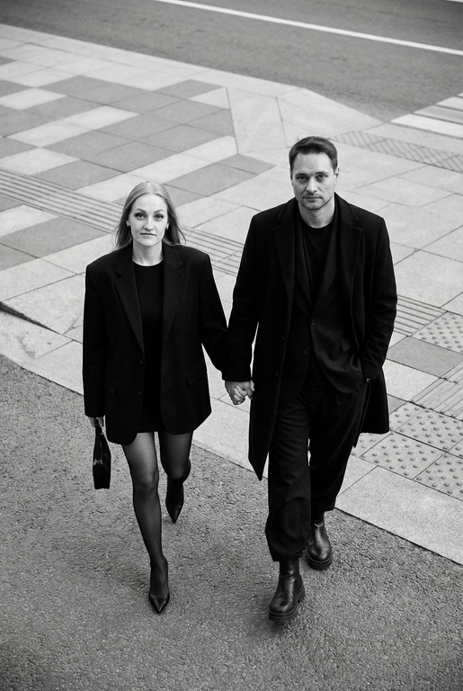 Черно-белая художественная фотография, ультрареализм, 8K, профессиональная съёмка; (оба): в кадре мужчина и женщина; каждый персонаж жёстко привязан к своему загруженному референсу, лица используются напрямую, без генерации, усреднения, подмены или смешения. Вид сверху под углом. Они идут по городской улице, держась за руки; шаг в движении, эффект «пойманного кадра». Смотрим вверх в камеру, выражение спокойное, уверенное, отстранённое.
Полностью чёрные образы modern classic: женщина — оверсайз-пиджак, короткое платье/юбка, плотные колготки, остроносые каблуки, маленькая сумка; мужчина — длинное пальто, свободный костюм, массивные ботинки.
Фон: асфальт, плитка, тактильная дорожка, геометрия.
Контрастный свет, мягкие тени, высокая детализация тканей.
Стиль: black & white, cinematic, high fashion, editorial, minimalism, street photography.
Качество: ultra high resolution, sharp focus, film grain, без ретуши.