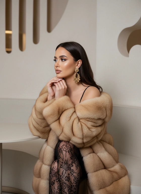 На фотографии изображена молодая женщина, позирующая в элегантном и стильном образе. Она сидит полубоком, слегка наклонившись вперёд, и опирается подбородком на руки, создавая атмосферу задумчивости и утончённости.
Детали образа:
Шуба из соболя — роскошная, светло-коричневого оттенка, накинута на плечи. Мех выглядит густым и пушистым, подчёркивая статусность и элегантность образа.
Одежда под шубой — чёрное платье или топ на тонких бретелях, который подчёркивает фигуру и создаёт контраст с мехом.
Колготки — ажурные, с чёрным кружевным узором, добавляют образу изысканности и женственности.
Аксессуары:
Крупные серьги — золотистого цвета, привлекают внимание к лицу и добавляют нотку роскоши.
Причёска — длинные темные волосы аккуратно уложены, спадают на плечи, подчёркивая утончённость и стиль.
Фон — нейтральный, светлый, с минималистичным дизайном, что позволяет сосредоточить внимание на модели и её наряде.
В целом, образ сочетает в себе роскошь, элегантность и современную эстетику, подчёркивая индивидуальность и вкус женщины