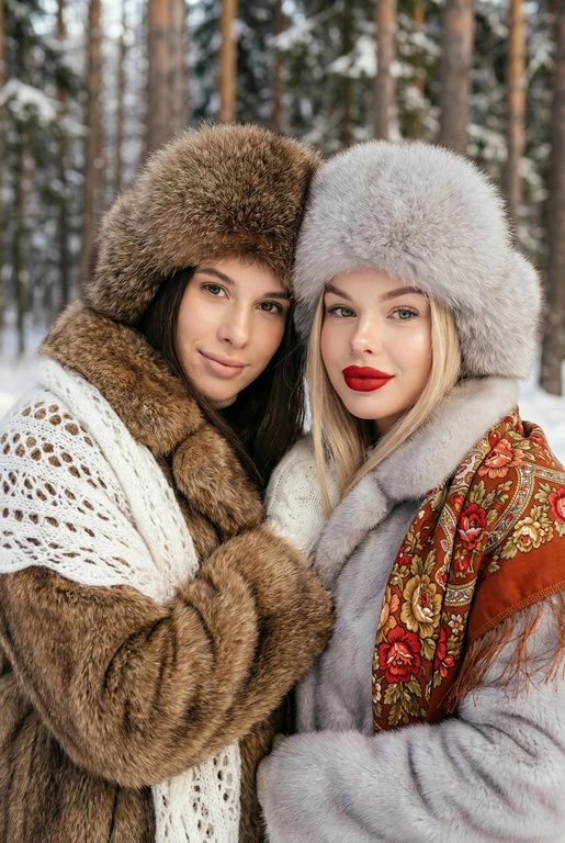 Создай кадр, который представляет собой теплый, уютный, слегка ностальгический зимний портрет в фэшн/фолк-стиле. Атмосфера спокойная, элегантная, дружеская близость двух моделей; сочетание высокой моды (мех, профессиональная ретушь) и фольклорной эстетики (вышитый шарф). Композиция и позирование: Форма кадра: портретный, вертикальный (соотношение примерно 3:4). Расположение: две женщины в центре кадра, тела и головы видны на груди; правая модель немного ближе к камере. Позы: девушки стоят близко друг к другу, левая модель слегка опирается на правую; плечи слегка повернуты к камере. Взаимодействие: мягкая улыбка, закрытое выражение лица, взгляд в камеру; дружелюбный, уверенный тон. Лица и макияж: Кожа: гладкая, естественная текстура, легкий эффект сияния. Глаза: аккуратные блики – оживляют взгляд; нейтральный/теплый макияж теней. Брови: естественная форма, слегка очерчены. Губы: у правой модели насыщенный матовый красный (центральный акцент), у левой – нежно-розовый нюдовый. Волосы: свободные пряди вокруг лица, несколько прядей с легкой волной для естественности. Шапки: большие пушистые меховые шапки с очень четко выраженной текстурой меха; справа – светло-серый мех, слева – коричневый мех. Форма: высокие, округлые, плотно сидят на голове, частично закрывают лоб – создают силуэт и рамку для лица. Верхняя одежда и текстуры: меховые пальто: густой натуральный мех у левой модели коричневый, у правой модели – светло-серый тон с видимым направлением волосков; богатая текстура и объем. У девушки справа на правом плече маленький платок с традиционным русским орнаментом – яркие цветы и листья, на фоне глубокого красного цвета с золотисто-терракотовыми, зелеными деталями; Тонкая бахрома ниспадает на ее плечо. У девушки слева на левом плече небольшой вязаный белый шарф с крупным ажурным узором, что добавляет контраста в текстуре и цвете. Окружение и фон: Лес: темные хвойные деревья, вертикальные силуэты стволов; снег на земле/вдали — размытый фон (боке).