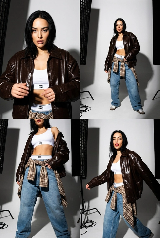 Коллаж из четырех фотографий женщины с загруженной фотографии лицо не изменять 100% сходство в стиле high-fashion и streetwear. Она позирует в студии с жестким направленным светом. На ней надет белый спортивный топ-бра и трусы-боксеры с логотипом на резинке (стиль Miu Miu), светлые голубые джинсы свободного кроя и объемная темно-коричневая кожаная куртка из глянцевой кожи. На талии повязана коричневая клетчатая рубашка в стиле гранж. 
Детализация для нейросети 
• Внешность и поза: Модель с выразительными чертами лица. Позы динамичные: взгляд в камеру, легкий наклон корпуса, руки в движении. 
• Одежда и текстуры: 
• Куртка: Оверсайз, темно-шоколадного цвета, с интенсивным виниловым или лакированным блеском. 
• Белье: Белый хлопковый трикотаж с минималистичным черным текстом по центру резинки. 
• Низ: Светло-голубой деним, классическая клетка «тартан» на рубашке (бежевый, коричневый, белый цвета). 
• Освещение и фон: Профессиональный студийный свет, создающий глубокие контрастные тени на белом фоне. Видны элементы студийного оборудования (стойка софтбокса) по краям кадра, что добавляет эстетику «backstage» или журнальной съемки. 
• Стиль съемки: Эстетика модных журналов 2000-х (Y2K) в современной интерпретации. Высокое разрешение, четкие текстуры кожи и ткани, эффект вспышки «в лоб».
3:4