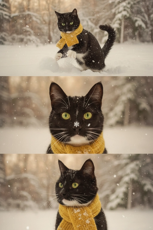     Коллаж из 3-Х фото моего питомца на зимнем фоне в снегу. Питомец в вязаном шарфе, вокруг падает снег, на заднем плане заснеженный лес.

Первый кадр — питомец в полный рост. Он играется со снегом 

Второй кадр — крупный план, увеличенный кадр мордочки питомца с одной снежинкой на носике. Мордочка питомца занимает весь кадр, взгляд прямо в камеру 
 
Третий кадр - портрет питомца, он смотрит в левую сторону. На фото виден шарф, на шарфу есть снежинки 

Три кадра объединены в вертикальный коллаж в едином тоне и свете. Атмосфера — реалистичная, теплая и немного кинематографичная.
Свет мягкий, утренний.  Цвет шарфа - жёлтый 