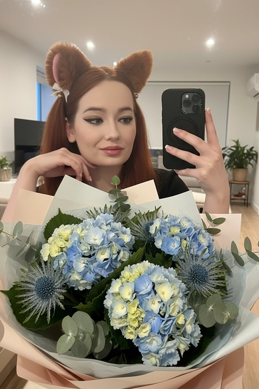 На фото — интерьерная зеркальная селфи-композиция на айфон 16 pro. Центральный объект в кадре — девушка в чёрной рубашке. Макияж естественный, длинные ресницы, блеск на губах. Сходство 100%. Девушка держит телефон в правой руке, аппарат в тёмном (чёрном) чехле с модулем камеры в верхнем углу: заметна круглая конфигурация объективов. Левой рукой она опирается на поверхность стола или пола позади большого букета. Ногти аккуратно накрашены в светлый оттенок. На переднем плане очень крупный пышный букет, упакованный в бумагу пастельных тонов. На фоне современный домашний интерьер. Букет в голубой гамме, цветы: крупные гортензии и хризантемы разной интенсивности голубого, ветки эвкалипта.