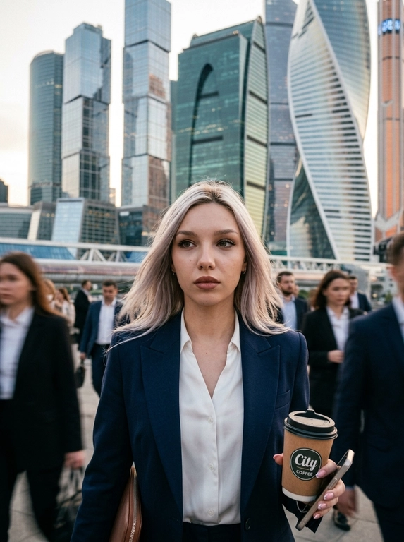 Не менять черты лица, сохранить 100% сходство. Ультрареалистичная уличная фотография в деловом стиле. Модель идёт вперёд через деловой квартал, окружена размытым потоком прохожих. Камера движется вместе с моделью, создавая лёгкий эффект динамики и присутствия.
Кадр: крупный план лица и плеч, слегка с нижнего ракурса для ощущения статуса и уверенности. Взгляд сосредоточенный, направлен вперёд, как перед важной встречей.
Фон: Москва-Сити, современные стеклянные небоскрёбы, узнаваемая архитектура делового центра, задний план в мягком боке с глубиной, создающей ощущение масштаба города.
Освещение: мягкий рассеянный дневной свет, предпочтительно золотой час (утро или вечер), естественные тени, лёгкое свечение по краям силуэта. Избегать жёсткого полуденного света.
Движение и атмосфера: лёгкое размытие прохожих, эффект городской суеты, контраст между спокойствием модели и движением вокруг.
Реквизит: стакан кофе, смартфон, документы или кожаный портфель — в руке или частично в кадре.
Детализация: высокая резкость кожи и текстур, натуральные цвета, лёгкая кинематографическая цветокоррекция, глубина резкости, 35mm или 50mm объектив, f/1.8–2.8, лёгкое плёночное зерно.