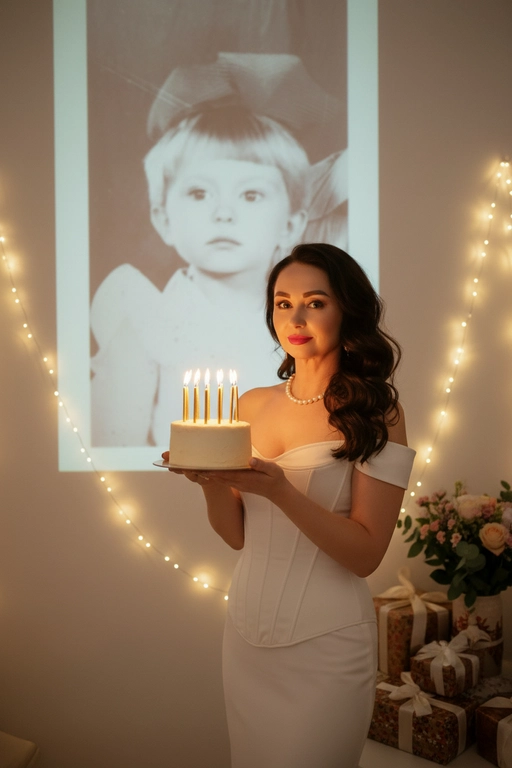 Создай ультрареалистичное фото, сделанное на камеру телефона в комнате, где изображен человек, который держит бенто торт с горящими золотыми свечами. В качестве фона на однотонную стену проецируется фотография из детства. Спроецированное фото занимает большую часть фона. Сочетание образов взрослого человека и ребёнка на фоне создаёт тёплую, ностальгическую атмосферу, подчеркивая связь между прошлым и настоящим. На стене висят гирлянды, рядом со стеной виднеются подарки и букет цветов. Снимок выглядит очень стильным и продуманным, присутствует ощущение праздника и воспоминаний. Не меняй внешность, полностью сохрани черты лица. Свечи на торте  без числа . Женщина одета в молочное корсетное платье.