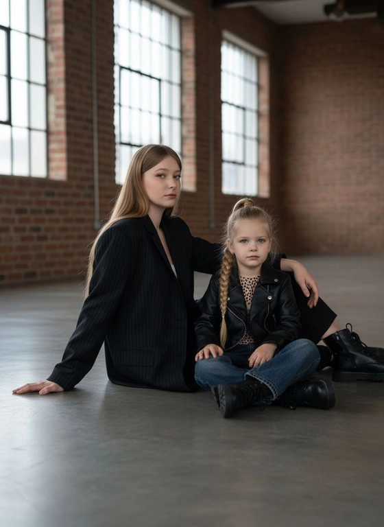 Создай крупного плана портрет, не меняя черты лица. Студийный портрет в полный рост на фоне студии в стиле  loft. Молодая женщина с длинными прямыми  волосами сидит на полу, на ней надет оверсайз черный пиджак в тонкую вертикальную полоску (pinstripe). Рядом с ней сидит девочка 3 лет , в косухе, в темных джинсах свободных, в грубых ботинках и с высоким хвостом , заплетеным в косу. Минималистичная эстетика, высокая мода, мягкое студийное освещение, высокое разрешение, фотореализм., контрастные тени, глубокий взгляд, кинематографичное качество, 8k.