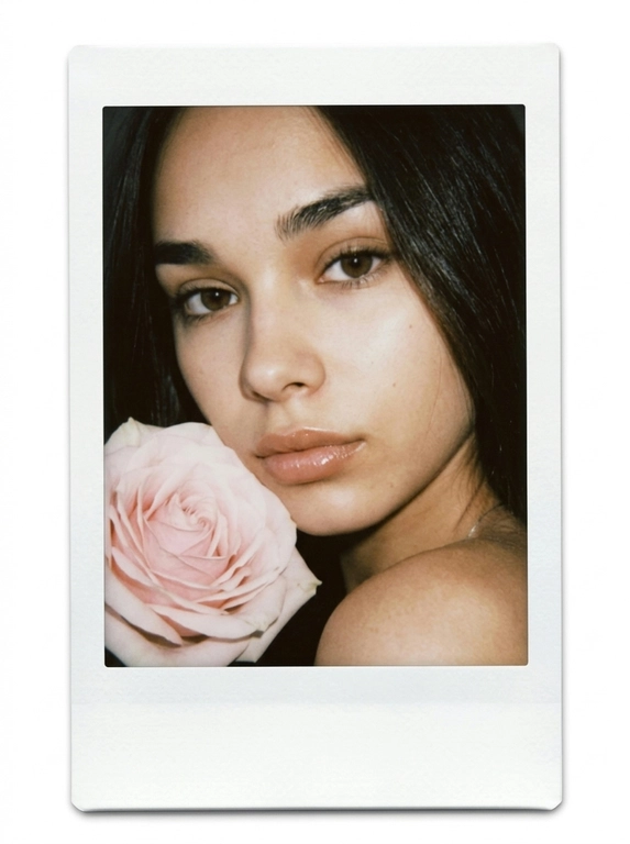 Бьюти-портрет девушки в рамке Polaroid на белом фоне