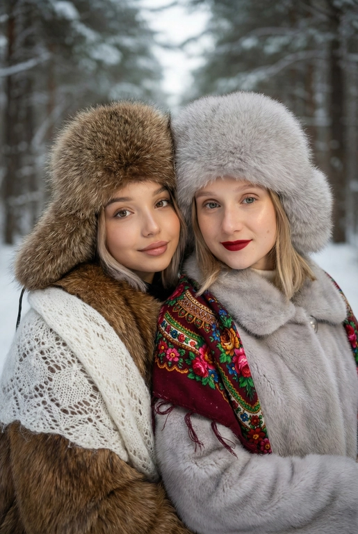 Создай кадр, который представляет собой теплый, уютный, слегка ностальгический зимний портрет в фэшн/фолк-стиле. Атмосфера спокойная, элегантная, дружеская близость двух моделей; сочетание высокой моды (мех, профессиональная ретушь) и фольклорной эстетики (вышитый шарф). Композиция и позирование: Форма кадра: портретный, вертикальный (соотношение примерно 3:4). Расположение: две женщины в центре кадра, тела и головы видны на груди; правая модель немного ближе к камере. Позы: девушки стоят близко друг к другу, левая модель слегка опирается на правую; плечи слегка повернуты к камере. Взаимодействие: мягкая улыбка, закрытое выражение лица, взгляд в камеру; дружелюбный, уверенный тон. Лица и макияж: Кожа: гладкая, естественная текстура, легкий эффект сияния. Глаза: аккуратные блики – оживляют взгляд; нейтральный/теплый макияж теней. Брови: естественная форма, слегка очерчены. Губы: у правой модели насыщенный матовый красный (центральный акцент), у левой – нежно-розовый нюдовый. Волосы: свободные пряди вокруг лица, несколько прядей с легкой волной для естественности. Шапки: большие пушистые меховые шапки с очень четко выраженной текстурой меха; справа – светло-серый мех, слева – коричневый мех. Форма: высокие, округлые, плотно сидят на голове, частично закрывают лоб – создают силуэт и рамку для лица. Верхняя одежда и текстуры: меховые пальто: густой натуральный мех у левой модели коричневый, у правой модели – светло-серый тон с видимым направлением волосков; богатая текстура и объем. У девушки справа на правом плече маленький платок с традиционным русским орнаментом – яркие цветы и листья, на фоне глубокого красного цвета с золотисто-терракотовыми, зелеными деталями; Тонкая бахрома ниспадает на ее плечо. У девушки слева на левом плече небольшой вязаный белый шарф с крупным ажурным узором, что добавляет контраста в текстуре и цвете. Окружение и фон: Лес: темные хвойные деревья, вертикальные силуэты стволов; снег на земле/вдали — размытый фон (боке).