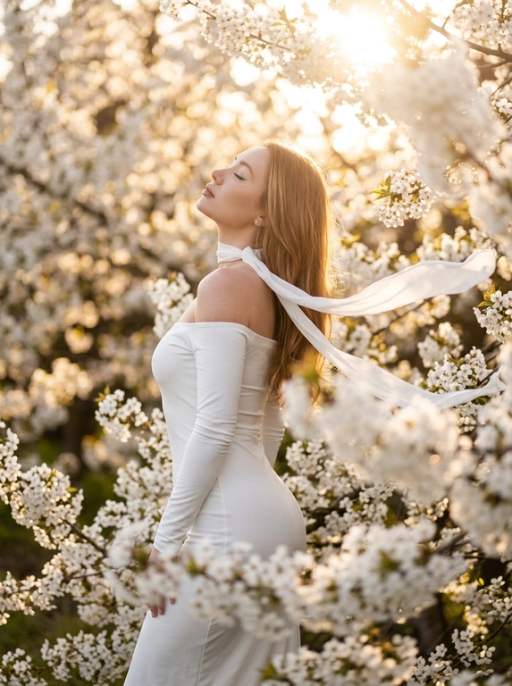 A woman standing among dense white blooming branches.
Side profile, body turned away, head tilted back upward toward the light, eyes closed.
Framing from mid-thigh to head.
Camera slightly below eye level, 85mm look.
Clothing:
Long white fitted dress with long tight sleeves and off-shoulder design (bare shoulders).
Accessory (CRITICAL):
A thin white ribbon scarf around her neck, very light fabric.
The ribbon flows in the wind and extends across the frame.
Flowers (CRITICAL):
Dense white blossoms surrounding the subject exactly like the reference.
Foreground flowers heavily blurred, partially covering bottom and right side.
Background filled with soft white blossoms and warm bokeh.
Lighting:
Golden hour sunlight from top right, strong warm backlight, glowing rim light on hair and shoulders, sun visible through branches.
Shallow depth of field, subject sharp, foreground/background soft.
Warm cinematic tones, soft highlights, photorealistic, high detail.