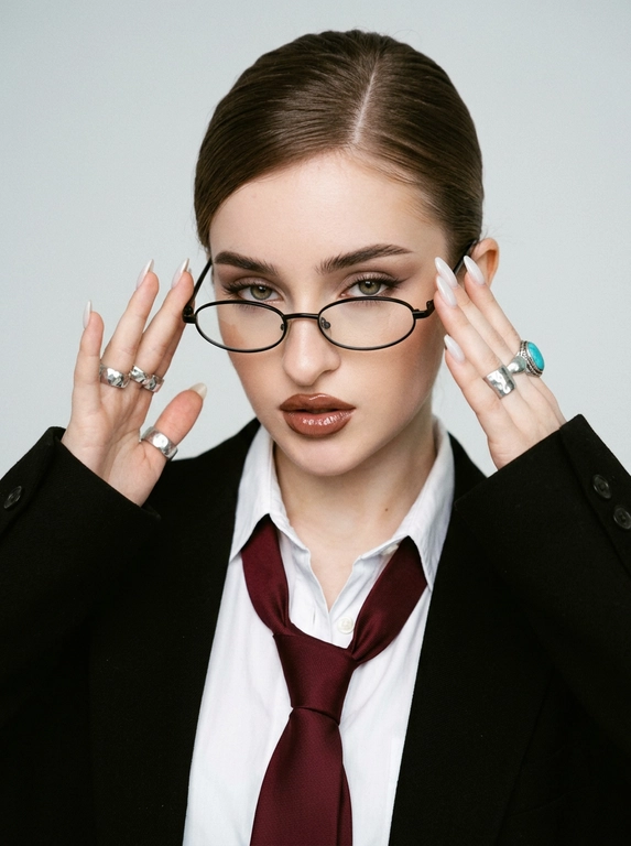 Используй приложенное фото и создай снимок, где крупным планом изображена эта женщина, одетая в белую рубашку с расстегнутыми верхними пуговицами, черный оверсайз пиджак и расслабленно завазанный бордовый мужской галстук, что создает деловой, но неформальный образ. Черты лица, телосложение, цвет волос остаются неизменными с референсом. Волосы убраны назад в гладкий пучок, боковой пробор. На лице женщины узкие овальные очки в тонкой черной оправе. Выражение лица уверенное, надменное, смотрит в камеру из под очков и поправляет очки двумя руками. Губы слегка приоткрыты. На пальцах видны массивные серебрянные кольца.  Маникюр. длинные ногти миндальной формы, покрытые молочным лаком. Макияж в стиле офисной сирены: тонкие брови, выразительные стрелки на глазах, растушеванные светлые тени, губы подведены коричневым карандашом, глянцевые. Освещение мягкое и равномерное, создающее студийную атмосферу. Фон чистый, однотонный, светло-серый, который контрастируют с темным пиджаком и галстуком. Общая атмосфера снимка - сексуальная, стильная и современная. Y2K стиль, зернистость, легкий винтажный фильтр.