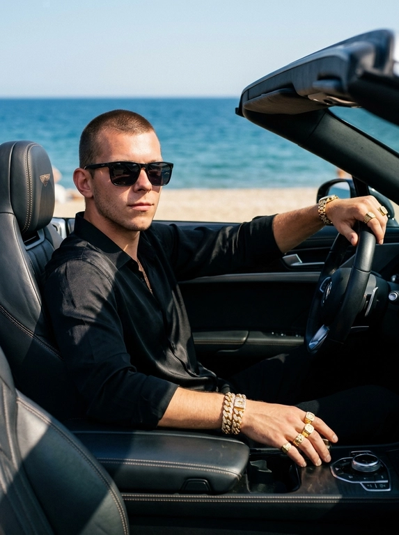 Фотореалистичная luxury lifestyle fashion-фотография на побережье в эстетике дорогой мужской рекламной кампании. Мужчина сидит за рулём современного премиального кабриолета с открытой крышей, припаркованного у океанского побережья. Кадр снят с пассажирской стороны через открытый салон, камера расположена чуть ниже уровня глаз и близко к мужчине. Кадрирование по грудь.

Мужчина расслабленно откинулся в кожаное водительское сиденье, корпус слегка развёрнут к камере. Одна рука свободно лежит на руле, вторая расслабленно расположена у центральной консоли. Голова слегка повернута к объективу, взгляд направлен прямо в камеру. Выражение лица спокойное, уверенное и сдержанное.

На мужчине свободная чёрная рубашка из плотного шёлка с матово-сатиновым блеском, верхние пуговицы расстёгнуты. Рукава слегка закатаны, открывая запястья. На руке массивный золотой браслет с инкрустацией камнями и несколько крупных золотых мужских колец. Металл и камни ловят точечные солнечные блики, аксессуары выглядят дорогими и реалистичными, без чрезмерного блеска.

Салон автомобиля выполнен из тёмной премиальной кожи с аккуратной прострочкой, металлическими деталями и минималистичной современной отделкой. Интерьер остаётся затемнённым и создаёт глубокий контраст с ярким морским пейзажем за открытым автомобилем.

На заднем плане видны глубокий синий океан, светлый песчаный пляж и чистая линия горизонта. Морской пейзаж мягко уходит в естественную глубину резкости, оставаясь узнаваемым. Яркий дневной солнечный свет падает сбоку, подчёркивает скулы, линию лица, фактуру чёрной рубашки и золотые аксессуары.

Натуральная текстура кожи, отчётливо видимые поры и мелкий рельеф кожи, естественные солнечные блики, без пластиковой ретуши, без AI smoothing.

Снято на профессиональную полнокадровую камеру, 85mm, f/1.4, ISO 100, RAW. Shallow natural depth of field, rich blacks, warm skin tones, deep ocean blues, subtle film grain, controlled highlights, premium luxury campaign color grading, high-end men's lifestyle editorial, ultra realistic, high detail, no CGI, no artificial glossy skin, no excessive HDR.

Очки: На нём тёмные солнцезащитные очки