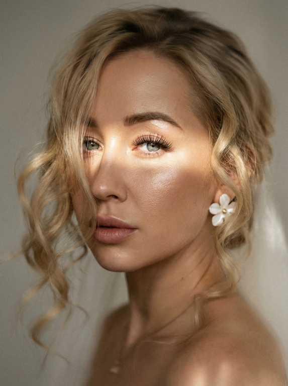 Кинематографический эффект с добавлением зерна. Ультрареалистичный, экстремально крупный портрет части лица девушки: на неё падает солнечный свет полосой, освещая глаза; её голова немного повёрнута в сторону. Тело подсвечено хайлайтером. Макияж лёгкий, с насыщенным хайлайтером; ресницы длинные, пышные. Она смотрит в камеру со спокойным, созерцательным выражением. Освещение мягкое, с лёгким акцентом на её лицо, создаёт нежные тени и подчёркивает черты. В ушах — серьги в виде белых цветов. Фон минималистичный и нейтральный, что усиливает спокойную и элегантную атмосферу. Фото смазанное, как будто сделано в движении, с двойной экспозицией.


Какая будет прическа?: Волосы уложены в локоны частично спадают на лицо.