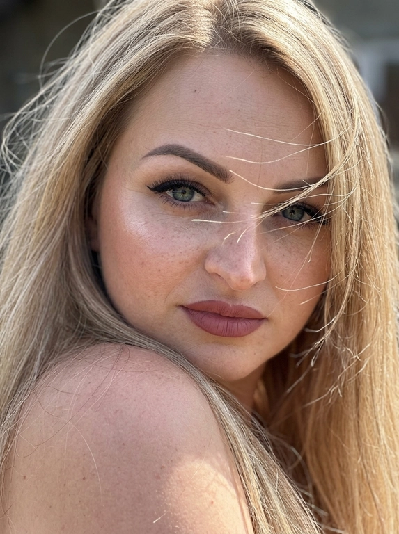 Ультрареалистичная фотография, случайный живой портрет, снятый на iPhone 17 Pro. Эффект настоящего кадра, сделанного в моменте, без постановочности, без фильтров и ретуши.

Внешность полностью сохранена без изменений. Женщина смотрит прямо в камеру. Голова слегка наклонена в сторону и опирается на плечо, плечо частично закрывает лицо. Выражение загадочное, притягательное и естественное.
Волосы активно развеваются ветром, отдельные пряди частично закрывают лицо и глаза, создавая эффект живого случайного кадра. Максимальная детализация отдельных волосков.

Легкий макияж с акцентом на глаза: длинные объемные ресницы, стрелки cat-eye на верхнем веке, идеально оформленные брови. Нюдовая матовая помада оттенка пыльной розы с контуром на тон темнее, влажный хайлайтер на скулах и переносице.

Одежда не видна. Основной акцент на лице, глазах и волосах.

Яркий прямой солнечный свет падает под углом на лицо, интенсивно подсвечивая глаза, подчеркивая глубину радужки, длинные ресницы и естественные блики в глазах. Солнечные лучи создают красивые световые акценты в волосах и на коже.

Естественная текстура кожи с видимыми порами, микрорельефом, легкими несовершенствами, едва заметными капиллярами в глазах. Живая кожа без эффекта пластика. Легкий цифровой шум, характерный для реальной фотографии.

Shot on iPhone 17 Pro, natural light, candid portrait, hyper detailed iris, visible skin pores, realistic skin texture, unedited RAW photo, depth of field, soft highlights, windblown hair, authentic photography, photorealistic, ultra realistic, 8k.

Доп. характеристики: Волосы длинее