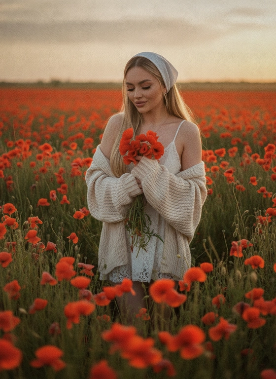 Создай портрет, не меняя черты лица. Художественная фотография в стиле "кинокадр" молодой женщины в бескрайнем маковом поле на закате. Она, с длинными  волосами под вязанной белой  косынкой , задумчиво смотрит вниз, держа в руках букет маков. На ней текстурированный вязаный обьемный кардиган, спущенный с плеч, и белое короткое кружевное платье. Передний план размыт маками (боке).Свет мягкий, рассеянный. Пленочное зерно, мечтательная атмосфера. Текстура вязки и лепестков. Ракурс снизу нежная улыбка 
Фото 9:16