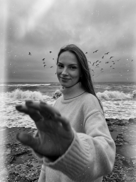 Создай портрет, не меняя черты лица. Черно-белая фотография в стиле ретро: человек стоит на морском побережье, в полупрофиль, смотрит нежно в камеру, легкая улыбка на лице, одет(а) в светлый оверсайз вязаный свитер с высоким воротником. На переднем плане — размытая рука в движении (motion blur), на заднем плане — море с волнами и стая птиц в небе, пасмурное небо. Сильная зернистость пленки, винтажная эстетика, атмосфера свободы, эффект размытия в движении, эстетика.
