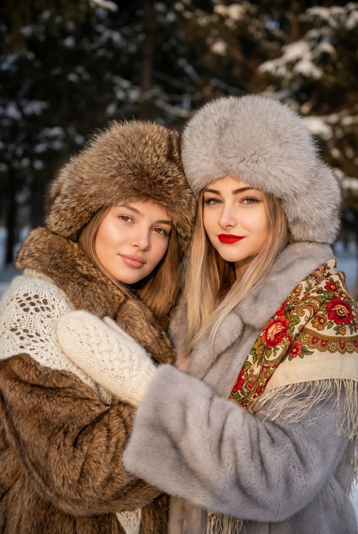 Создай кадр, который представляет собой теплый, уютный, слегка ностальгический зимний портрет в фэшн/фолк-стиле. Атмосфера спокойная, элегантная, дружеская близость двух моделей; сочетание высокой моды (мех, профессиональная ретушь) и фольклорной эстетики (вышитый шарф). Композиция и позирование: Форма кадра: портретный, вертикальный (соотношение примерно 3:4). Расположение: две женщины в центре кадра, тела и головы видны на груди; правая модель немного ближе к камере. Позы: девушки стоят близко друг к другу, левая модель слегка опирается на правую; плечи слегка повернуты к камере. Взаимодействие: мягкая улыбка, закрытое выражение лица, взгляд в камеру; дружелюбный, уверенный тон. Лица и макияж: Кожа: гладкая, естественная текстура, легкий эффект сияния. Глаза: аккуратные блики – оживляют взгляд; нейтральный/теплый макияж теней. Брови: естественная форма, слегка очерчены. Губы: у правой модели насыщенный матовый красный (центральный акцент), у левой – нежно-розовый нюдовый. Волосы: свободные пряди вокруг лица, несколько прядей с легкой волной для естественности. Шапки: большие пушистые меховые шапки с очень четко выраженной текстурой меха; справа – светло-серый мех, слева – коричневый мех. Форма: высокие, округлые, плотно сидят на голове, частично закрывают лоб – создают силуэт и рамку для лица. Верхняя одежда и текстуры: меховые пальто: густой натуральный мех у левой модели коричневый, у правой модели – светло-серый тон с видимым направлением волосков; богатая текстура и объем. У девушки справа на правом плече маленький платок с традиционным русским орнаментом – яркие цветы и листья, на фоне глубокого красного цвета с золотисто-терракотовыми, зелеными деталями; Тонкая бахрома ниспадает на ее плечо. У девушки слева на левом плече небольшой вязаный белый шарф с крупным ажурным узором, что добавляет контраста в текстуре и цвете. Окружение и фон: Лес: темные хвойные деревья, вертикальные силуэты стволов; снег на земле/вдали — размытый фон (боке).