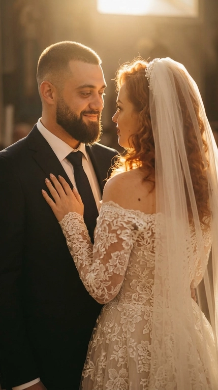 A realistic and believable shot of a couple.

Pose
The man and woman stand half-turned toward each other, creating a romantic and intimate moment. The man is on the left, softly gazing at the woman with a smile, his body slightly turned toward her. The woman stands with her back to the viewer, but has turned her head in profile to meet her partner's gaze. Her right hand rests gently on the man's chest, emphasizing the couple's closeness.

Angle
The photograph is taken from eye level, mid-ground (waist-length). The camera is positioned to focus on the couple's interaction and emotions, shifting slightly to the side to capture both their profiles.

Clothing
The man is wearing a classic dark suit with a white shirt and a dark tie. The woman is wearing an off-the-shoulder wedding dress with long lace sleeves. The dress is richly decorated with a floral lace pattern, which also extends to the long, flowing veil covering her head.

Lighting
This is the key element of the photograph.  A backlighting effect (light coming from behind the couple) is used, creating a bright golden outline (halo) around the silhouettes. The light is soft, warm, and diffused, highlighting the edges of the couple's hair and veil, giving the scene a fairytale-like, ethereal quality. The couple's faces are softly lit, with emphasis on their profiles.

Camera Effect
A shallow depth of field is used, blurring the background completely, focusing attention solely on the couple. A subtle glow (soft focus or bloom effect) softens the contours and adds a cinematic, dreamy feel to the image. Color grading is done in warm tones.

Background
The background is virtually indistinguishable due to the intense blurring and specific lighting. It can be assumed that this is a dark or subdued room, like a church, where the focus is solely on the glowing spot behind the couple.

Hairstyle
The woman's hair is partially hidden by the veil covering her head; the veil must remain on her head. DO NOT CHANGE THE FACIAL FEATURES; THEY SHOULD BE THE SAME AS THE REFERENCE PICTURE.