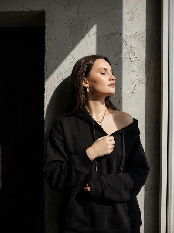 Используй загруженное фото для лица, строго не меняя черты лица, пропорции, возраст, текстуру кожи и волосы. Минималистичный портрет в интерьере с естественным светом, женщина стоит у серой текстурированной оштукатуренной стены, голова слегка запрокинута назад, глаза закрыты, лицо повернуто к источнику света, правая рука держит ткань толстовки у груди, левая рука расслабленно опущена вдоль тела. Оверсайз толстовка с капюшоном спущена с правого плеча, видны завязки, на шее тонкая золотая цепочка с кулоном с жемчужиной, золотые серьги среднего размера с жемчугом, золотое кольцо на пальце. Естественный макияж с деликатным скульптурированием, влажное свечение кожи, кожа ультрареалистичная без эффекта пластика и чрезмерной ретуши. Жёсткий направленный солнечный свет из окна создаёт резкие графичные тени на стене и лице, контрастное освещение, слева тёмный дверной проём добавляет глубину пространству. Съёмка на 50mm f/2.0, малая глубина резкости, естественный оконный свет, выраженные тени, цветовая гамма бежевый, золото, серый, баланс тёплых и холодных оттенков, minimalist editorial, фотореализм высокого качества.

Какой цвет толстовки?: Цвет толстовки чёрный.