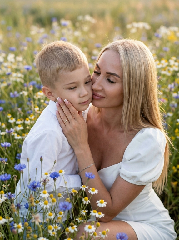 Максимально сохрани внешность и черты лица 
Экстремально крупный план лиц. Девушка и ее сын 5 лет стоят в поле 
вокруг много полевых нежно голубых синих и белых цветов
Мама нежно прижимает ребенка к своей щеке, ее глаза закрыты, а на лице легкая улыбка (зубов не видно). 
Вокруг много цветов 
Она в легком белом платье-мини. Модель имеет пышную юбку, вырез «сердечко» со сборкой на груди и объемные рукава-фонарики, которые можно спускать с плеч
Мальчик в белую рубашку. Не менять прическу и сохранить черты лица.
Кинематографический эффект с добавлением зерна. Ногти у мамы френч
Кожа идеальная подсвечена 
Не меняй черты лица
Качество 8K
Формат 9:16