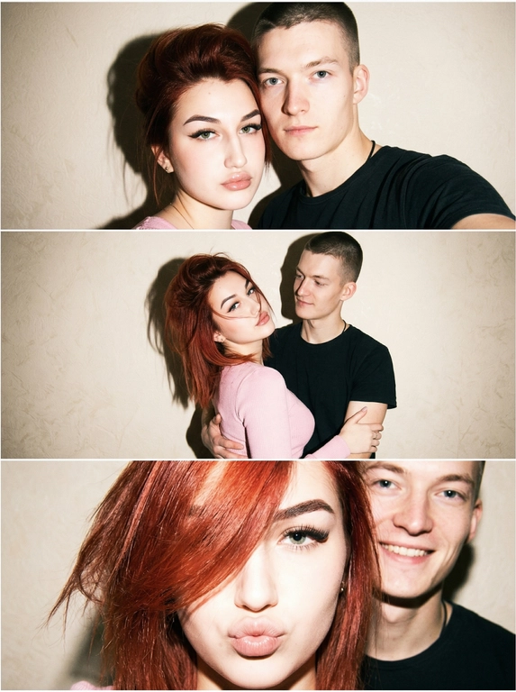 Вертикальный триптих-коллаж из трёх кадров в эстетике глянцевых журналов 2000-х и Y2K. В кадре мужчина и женщина позируют на нейтральном светлом фоне. Жёсткая фронтальная вспышка создаёт резкие тени на стене позади и лёгкий пересвет кожи, характерный для цифровых камер начала 2000-х.
У женщины объёмная укладка, волосы уложены на брашинг. Макияж — «лисичий» взгляд, длинные выразительные ресницы, подчеркнутые внешние уголки глаз, глянцевые губы. Атмосфера — гламурная, слегка дерзкая, как в поп-культуре начала 2000-х.
Кадры коллажа:
Верхний кадр — крупный план. Мужчина и женщина стоят очень близко к камере, почти заполняют весь кадр. Они смотрят прямо в объектив с серьёзным, уверенным выражением лица. Резкая вспышка создаёт плотные тени за их фигурами на стене.
Средний кадр — средний план. Женщина развёрнута корпусом в сторону, голова кокетливо повернута к камере. Прядь волос частично закрывает часть лица. Мужчина стоит позади и обнимает её за талию, смотрит на девушку.
Нижний кадр — очень крупный план. Лицо женщины почти вплотную к камере. Волосы уложены на бок и закрывают левый глаз. Она делает губы «бантиком» и смотрит прямо в объектив. Рядом мужчина, он улыбается.
Минималистичная композиция, крупные и средние планы. Винтажная цифровая текстура, лёгкая мягкая размытость, характерная для камер начала 2000-х, глянцевая Y2K атмосфера.