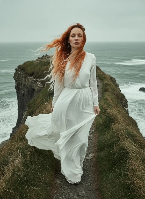 Романтическая сцена: крупный план девушка, не меняй черты лица идёт по узкой тропе на утёсе у моря, она в белом платье, длинном стуящемся на ветру .Крупный план немного снизу, динамическая поза в движении, Атмосфера пасмурного дня: холодные зелёно-серые тона, высокая детализация текстур травы, скал и ткани, кожи и распущенных волос развивающие на ветру.Стиль: романтическая фэшн-фотография / киношный лукбук, реалистичная обработка