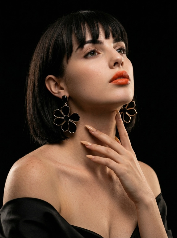 ultra realistic photo EXACT match to reference pose lighting and composition STRICT identity lock identical face no changes no stylization portrait up to chest woman in profile body slightly turned head thrown back chin lifted up elongated neck pose one hand raised fingers softly touching the neck along the jawline elegant fingers long sharp beige nails large black statement earrings half flower shape with large petals gold outline black satin fabric draped over body open shoulders matte texture makeup defined contouring and highlight only subtly visible on rim eyebrows brown laminated eyelashes spiky clustered luchiki lips full extreme low key lighting almost complete darkness face completely swallowed by shadow no visible facial features single very narrow hard rim light strictly from behind and slightly from the side light does not hit the front of the face at all only a thin contour of light visible along silhouette jawline neck shoulders collarbones no fill light no front light no side light no ambient light no bounce light intentionally underexposed image deep black shadows most of the frame nearly black absolute pure black background no details ultra dark cinematic grading crushed blacks minimal warm highlights on skin edges subtle film grain RAW look intimate dramatic almost abstract silhouette aesthetic tanned skin subtle shimmer particles visible on highlighted edges 85mm lens f 1.8 shallow depth of field sharp rim edge rest fades into black negative prompt front light face lighting visible face illuminated face beauty lighting soft light fill light bounce light ambient light studio lighting bright exposure high key visible details in shadows gray background low contrast flat lighting