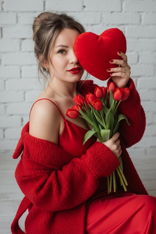 Профессиональная модная фотография в сверхвысоком разрешении, на которой женщина держит большой красный предмет в форме сердца, прикрывающий один глаз, и сжимает букет красных тюльпанов. Максимально сохранить все черты лица, сохраняя точные черты лица по образцу, мягкое естественное боковое освещение слева. нежные тени, портрет в три четверти с небольшим наклоном вверх, элегантное красное платье-комбинация на тонких бретельках под открытым текстурированным красным пальто оверсайз, уверенный игривый взгляд и ярко-красные губы, романтическое настроение, теплая красно-зеленая палитра на фоне белой кирпичной стены, бьюти-снимок из журнала, небольшая глубина резкости, четкий фокус на лице, Сверхдетализированная профессиональная фотография в формате 8K.