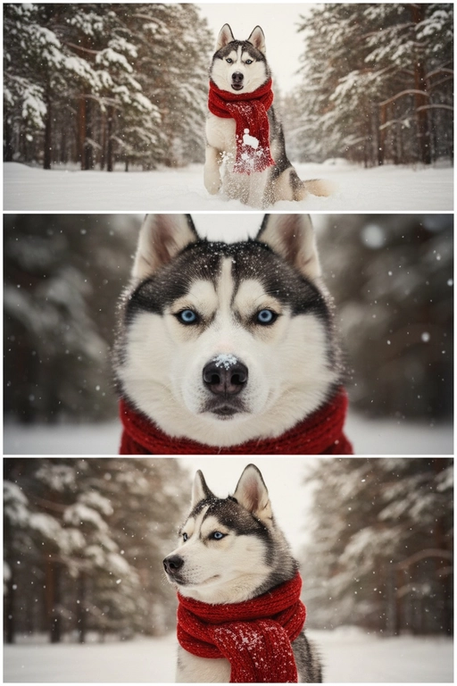    Коллаж из 3-Х фото моего питомца на зимнем фоне в снегу. Питомец в вязаном шарфе, вокруг падает снег, на заднем плане заснеженный лес.

Первый кадр — питомец в полный рост. Он играется со снегом 

Второй кадр — крупный план, увеличенный кадр мордочки питомца с одной снежинкой на носике. Мордочка питомца занимает весь кадр, взгляд прямо в камеру 
 
Третий кадр - портрет питомца, он смотрит в левую сторону. На фото виден шарф, на шарфу есть снежинки 

Три кадра объединены в вертикальный коллаж в едином тоне и свете. Атмосфера — реалистичная, теплая и немного кинематографичная.
Свет мягкий, утренний.  Цвет шарфа - красный 