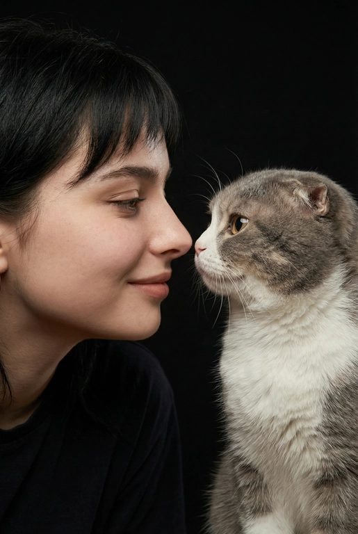 Сделай фото со мной и моим питомцем. Реалистичное фото, с высокой детализацией. Снимок меня и моего питомца в профиль. Фото сделано первым средним планом (Medium CloseUP), в кадре видно часть туловища (с головы до середины груди).
Я стою лицом к своему питомцу в строгий профиль, смотрю прямо на него.
Мой питомец расположен прямо напротив моего лица, также в профиль, смотрит прямо на меня. Наши носы почти соприкасаются. Наши головы могут быть наклонены: например, моя голова наклонена немного вниз, а голова питомца наоборот повыше. Четкая визуальная симметрия между моем лицом и головой моего питомца.
Студийное освещение, мягкий свет, создающий контрастность и скульптурные тени, на самом лице минимум тени. 
 У меня легкая улыбка, питомец смотрит с дружелюбным настроем. Фон черный. 