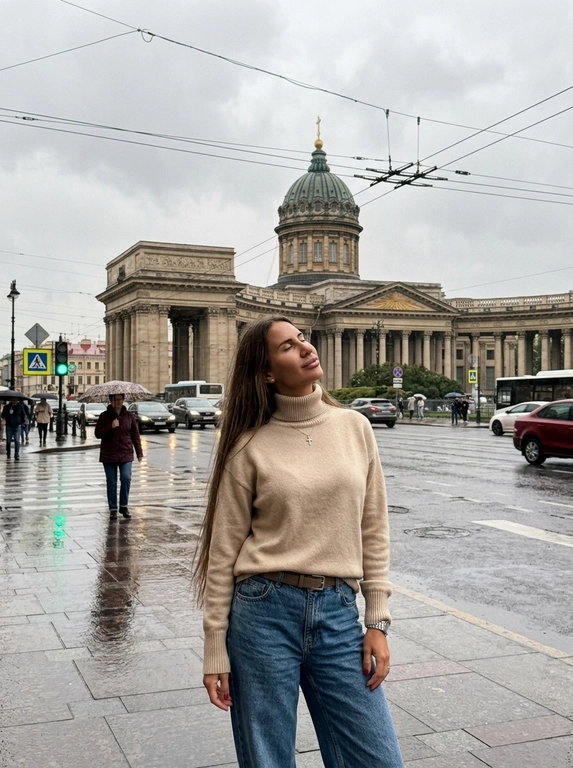 Максимально реалистичная уличная фотография в Санкт-Петербурге после дождя. 

Модель стоит на мокром тротуаре перед Казанским собором. Кадр выглядит как случайная фотография, сделанная прохожим: модель находится чуть правее центра, а собор с куполом и колоннадой крупно заполняет задний план. Над улицей видны провода, по дороге проезжают автомобили, вокруг идут прохожие с зонтами. Мокрый асфальт отражает фары, светлое небо и городские здания.

Поза полностью естественная и спокойная: модель стоит вполоборота к камере, корпус слегка развёрнут в сторону улицы, плечи расслаблены, руки свободно опущены вдоль тела. Голова мягко запрокинута назад и немного повёрнута в профиль. Глаза закрыты, подбородок слегка приподнят, губы расслаблены. Выражение лица спокойное, будто модель на секунду остановилась и почувствовала прохладный воздух после дождя.

Камера расположена примерно на уровне груди модели, съёмка ведётся с небольшого расстояния. Средний план до середины бёдер. Используется умеренно широкий угол, поэтому в кадре одновременно хорошо видны модель, мокрая улица, автомобили, прохожие и архитектура собора. Фон не размывать. Допустима только лёгкая естественная мягкость из-за дождливой погоды и движения городского транспорта.

Освещение пасмурное, ровное и рассеянное, без жёстких теней. Лицо освещено мягко и естественно. На коже сохраняется натуральная текстура с видимыми порами, без ретуши, пластикового эффекта и бьюти-фильтров.

Цветокоррекция приглушённая и плёночная, с преобладанием серо-коричневых, оливковых, бежевых и глубоких бордовых оттенков. Небо светло-серое, камень собора тёплый и немного выцветший, мокрая дорога холодная и графитовая. Мягкий контраст, слегка поднятые чёрные, приглушённые светлые участки, естественная зернистость и лёгкая винтажная фактура.

Снято на iPhone 17 Pro в формате RAW, вертикальный кадр 3:4, документальная городская фотография, случайно пойманный момент, реалистичные пропорции, натуральная перспектива, лёгкое плёночное зерно. Без HDR, без искусственного глянца, без чрезмерной резкости, без кинематографического синего оттенка, без CGI и без AI-эффекта.


Какая будет одежда?: Объёмный кашемировый свитер глубокого оттенка шампань с высоким мягким воротом и длинными свободными рукавами, которые слегка закрывают кисти. Плотная фактурная вязка красиво выглядит в мягком пасмурном свете и создаёт ощущение тепла на фоне прохладного дождливого города.