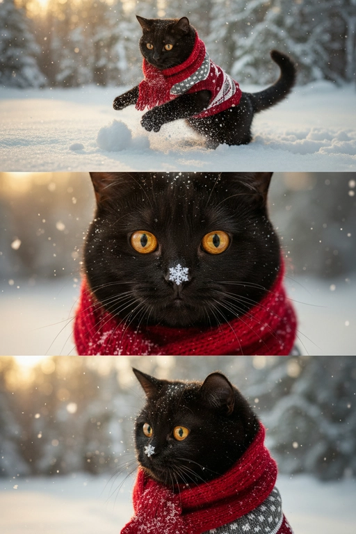     Коллаж из 3-Х фото моего питомца на зимнем фоне в снегу. Питомец в вязаном шарфе, вокруг падает снег, на заднем плане заснеженный лес.

Первый кадр — питомец в полный рост. Он играется со снегом 

Второй кадр — крупный план, увеличенный кадр мордочки питомца с одной снежинкой на носике. Мордочка питомца занимает весь кадр, взгляд прямо в камеру 
 
Третий кадр - портрет питомца, он смотрит в левую сторону. На фото виден шарф, на шарфу есть снежинки 

Три кадра объединены в вертикальный коллаж в едином тоне и свете. Атмосфера — реалистичная, теплая и немного кинематографичная.
Свет мягкий, утренний.  Цвет шарфа - красный 