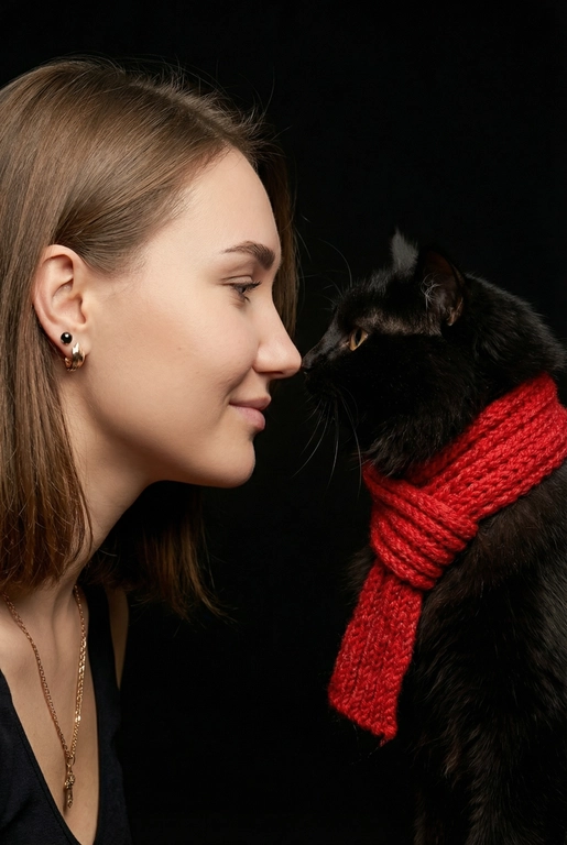 Сделай фото со мной и моим питомцем. Реалистичное фото, с высокой детализацией. Снимок меня и моего питомца в профиль. Фото сделано первым средним планом (Medium CloseUP), в кадре видно часть туловища (с головы до середины груди).
Я стою лицом к своему питомцу в строгий профиль, смотрю прямо на него.
Мой питомец расположен прямо напротив моего лица, также в профиль, смотрит прямо на меня. Наши носы почти соприкасаются. Наши головы могут быть наклонены: например, моя голова наклонена немного вниз, а голова питомца наоборот повыше. Четкая визуальная симметрия между моем лицом и головой моего питомца.
Студийное освещение, мягкий свет, создающий контрастность и скульптурные тени, на самом лице минимум тени. 
 У меня легкая улыбка, питомец смотрит с дружелюбным настроем. Фон черный. 