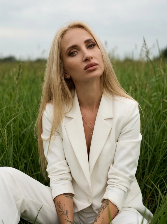 Фотосессия женщины в стиле модной съемки на открытом воздухе. Она позирует на поле с высокой зеленой травой. Цветовая гамма землистая и насыщенная, с оттенками зеленого и коричневого. Женщина одета в белый пиджак из гладкой костюмной ткани. Сидит в траве, Макияж естественный, в коричневых оттенках. Кожа сияет.  Fashion editorial, vogue style, old money, cinematic lighting, 8K, ultra-realistic. Средний план: она слегка подняла взгляд. Глаза всё равно направлены в камеру, лёгкая игра света и тени на лице. Пасмурная погода.