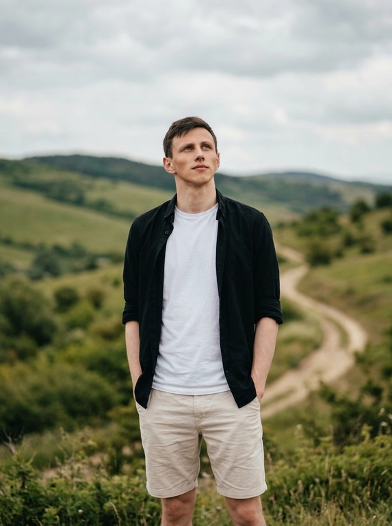 Создай фото, не меняя черты лица. Мужчина стоит на фоне холмистого природного пейзажа под облачным небом. Снимок выполнен в стиле спокойной lifestyle-фотографии с естественной композицией и мягким дневным светом. Атмосфера умиротворённая, свободная и немного кинематографичная. Цветовая гамма приглушённая, с землистыми оттенками, натуральной зеленью и мягким контрастом.

На мужчине чёрная рубашка с коротким рукавом, застёгнутая на несколько пуговиц, и светлые шорты. Руки расслабленно находятся в карманах. Он слегка запрокидывает голову и смотрит вверх. На лице тёмные солнцезащитные очки. Фон слегка размыт, акцент на человеке, реалистичная кожа, естественная поза, высокая детализация, без глянцевого AI-эффекта.

Доп. характеристики: Без очков