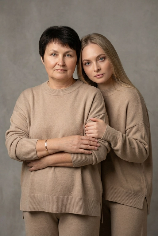 Используй эти два фото мамы и дочери и создай для них студийный портрет в чистом и элегантном стиле. Они стоят рядом, очень близко друг к другу. Дочь мягко обнимает маму за руку и слегка к ней прижимается со спины. Мама сложила руки перед грудью. Образ минималистичный, современный и стильный. На руке у матери тонкий золотой браслет. Профессиональный макияж и прическа.  Не менять черты лица ни на 1 процент. Фон — нейтральный серый с мягкой текстурой. Освещение рассеянное, мягкое, подчёркивающее естественные тона кожи. Атмосфера тёплая, нежная и спокойная, в стиле журнальной съёмки. Обе в свободных стильных бежевых свитерах и брюках.