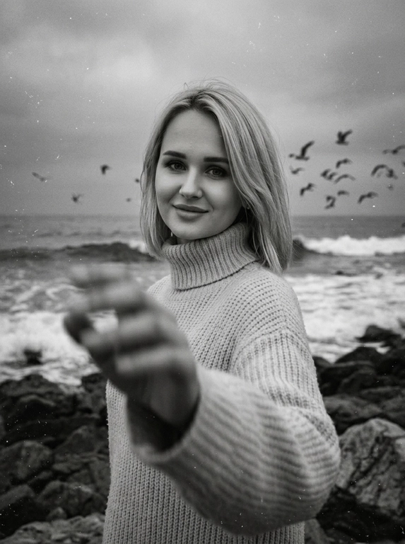 Создай портрет, не меняя черты лица. Черно-белая фотография в стиле ретро: человек стоит на морском побережье, в полупрофиль, смотрит нежно в камеру, легкая улыбка на лице, одет(а) в светлый оверсайз вязаный свитер с высоким воротником. На переднем плане — размытая рука в движении (motion blur), на заднем плане — море с волнами и стая птиц в небе, пасмурное небо. Сильная зернистость пленки, винтажная эстетика, атмосфера свободы, эффект размытия в движении, эстетика.



Доп. характеристики: Заменить цвет волос на блонд
