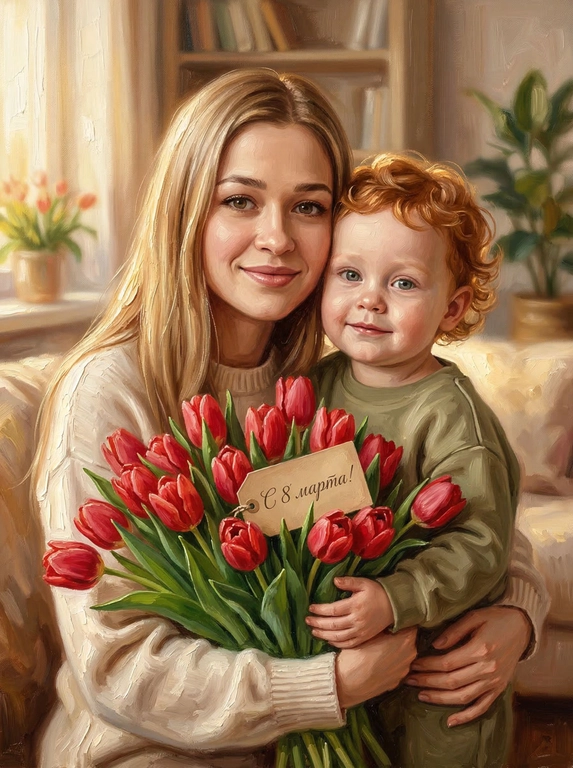 Схожесть 100%, не менять черты лица. Гиперреалистичные вертикальное изображение — точная копия персонажей с референсной фотографии. Персонажи с фотографии мягко улыбаются и обнимают огромный букет красных тюльпанов. Все персонажи одеты в нейтральную повседневную одежду без ярких деталей. Стиль: густая масляная живопись с выраженными мазками (oil painting, heavy brushstrokes). В букет вставлена открытка. На открытке каллиграфическая надпись. Мягкий солнечный свет, малая глубина резкости, создающая ощущение уюта и тепла.

Какая будет надпись?:  На открытке надпись "С 8 марта!"