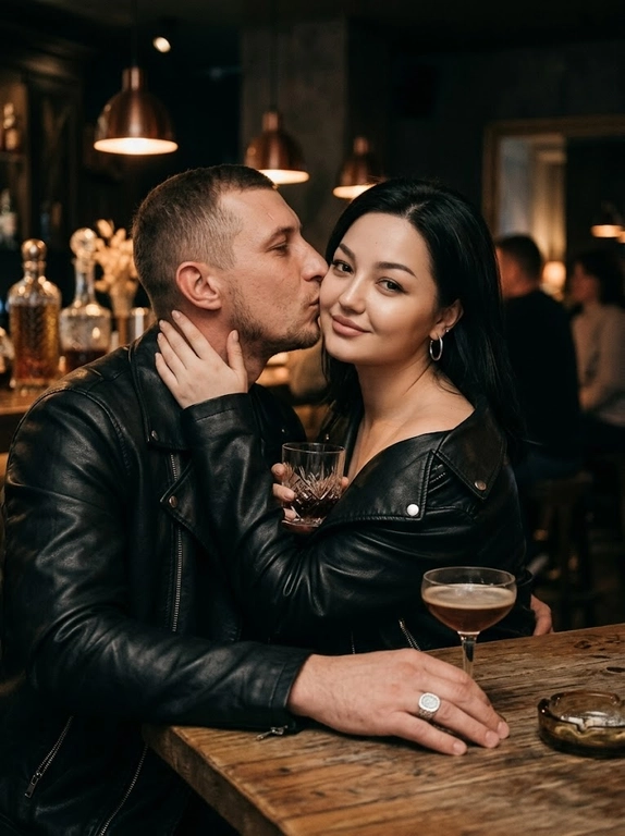 Это снимок в стиле гламурной фотосессии, возможно, в ночном клубе или баре с приглушенным освещением. Цветовая гамма темная, с преобладанием черного и темно-коричневого цветов, но с бликами света, создающими интимную атмосферу. 

На переднем плане видна часть стола, на котором лежит мужская рука с крупным серебряным кольцом. За рукой видна пара: мужчина целует женщину в щеку. Женщина слегка отвернулась, но смотрит в камеру с полуулыбкой. Оба одеты в кожаные куртки. У женщины куртка надета так, что открывает плечо. Мужчина держит руку на ее шее, чуть приобнимая. На женщине видны серьги.
