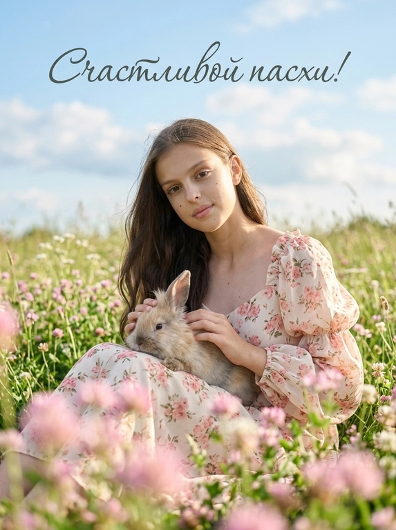 Фотореалистичная fashion editorial фотография в мягком кинематографичном ключе, оформленная как красивая пасхальная открытка. 
Модель сидит в цветущем летнем лугу по пояс в траве, корпус слегка повернут в 3/4, голова нежно наклонена; на её коленях расположен кролик, она мягко гладит его обеими руками, кролик удобно устроился, его пушистая шерсть хорошо читается, одно ухо приподнято.
Кадр вертикальный, средний план (от талии, бедер до макушки) камера на уровне глаз или чуть ниже, лёгкий наклон вверх, центральная композиция с мягким смещением героини влево. Передний план заполнен размытыми розовыми цветами, создающими воздушное боке и глубину.
Объектив портретный 50-85 мм (полнокадровый экв) натуральная перспектива без широкоугольных искажений; малая, средняя глубина резкости, точный фокус на лице и кролике, фон плавно размывается, передние цветы сильно размыты.
Освещение естественное дневное «golden hour», мягкое солнце, тёплый ключевой свет сбоку и немного сверху, нежные тени без жёстких контрастов, лёгкий контровой свет подсвечивает контуры и создаёт тонкий ореол на волосах и кроличьей шерсти, мягкие блики на коже и ткани.
Цветовая палитра пастельная и воздушная: небесно-голубое небо, свежая зелень, розово-персиковые и кремовые оттенки цветов и платья, лёгкая тёплая тонировка, чистые светлые хайлайты, умеренная насыщенность, лёгкий film look с тонким матовым эффектом в тенях и аккуратным зерном.
Выражение спокойное и мечтательное, губы расслаблены, ощущение нежности и умиротворения.
Одежда: лёгкое романтичное платье в стиле cottage core, светлая ткань с нежным розовым цветочным принтом, объёмные рукава, мягкие складки и драпировка.
Окружение: густой луг с множеством мелких розовых и белых полевых цветов, высокая трава, голубое небо с мягкими облаками, лёгкое движение травы и волос от летнего ветерка.
В верхней части кадра размещена элегантная каллиграфическая надпись на русском: аккуратный праздничный шрифт, гармонично вписанный в композицию.

Какая будет надпись?: В верхней части кадра размещена элегантная каллиграфическая надпись на русском: "Счастливой пасхи!" аккуратный праздничный шрифт, гармонично вписанный в композицию.
