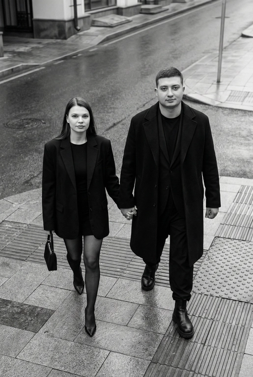 Черно-белая художественная фотография, ультрареализм, 8K, профессиональная съёмка; (оба): в кадре мужчина и женщина; каждый персонаж жёстко привязан к своему загруженному референсу, лица используются напрямую, без генерации, усреднения, подмены или смешения. Вид сверху под углом. Они идут по городской улице, держась за руки; шаг в движении, эффект «пойманного кадра». Смотрим вверх в камеру, выражение спокойное, уверенное, отстранённое.
Полностью чёрные образы modern classic: женщина — оверсайз-пиджак, короткое платье/юбка, плотные колготки, остроносые каблуки, маленькая сумка; мужчина — длинное пальто, свободный костюм, массивные ботинки.
Фон: асфальт, плитка, тактильная дорожка, геометрия.
Контрастный свет, мягкие тени, высокая детализация тканей.
Стиль: black & white, cinematic, high fashion, editorial, minimalism, street photography.
Качество: ultra high resolution, sharp focus, film grain, без ретуши.