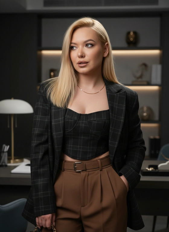 Не меняй черты лица. На портрете изображена женщина, излучающая атмосферу высокой моды. Женщина дерзоватая, элегантная, это видно. Она одета в структурированный, объемный черный  пиджак в клетку, который накинут поверх соответствующего укороченного корсета в клетку это комплект очень модный. В комплект входят высокие коричневые брюки с плессировкой. Образ дополняет пояс с крупной стильной пряжкой и стильная маленькая сумка. Каштановые средние волосы гладкие. Драматическое освещение подчеркивает её выразительную позу одна рука в кармане, другая держит сумочку 
 и роскошные детали наряда. Фон представляет собой рабочее место, наполненное атмосферой sophistication и современного элегантного стиля. Ультрареалистичный 8K портрет. Identity lock: лицо на 100% идентично исходному референсу — полностью узнаваемо, без искажений и без изменения пропорций, черт и внешности; любые изменения лица запрещены. Волосы прямые и гладкие. Шикарный макияж, естественная укладка, реалистичная кожа, длинные ресницы. Ямочка на подбородке, приоритет резкости на лице, без AI-артефактов. тональный и световой контраст, аккуратный контровой. дневной свет. Шикарно выделена грудь и золотая тонкая элегантная цепочка на шее 